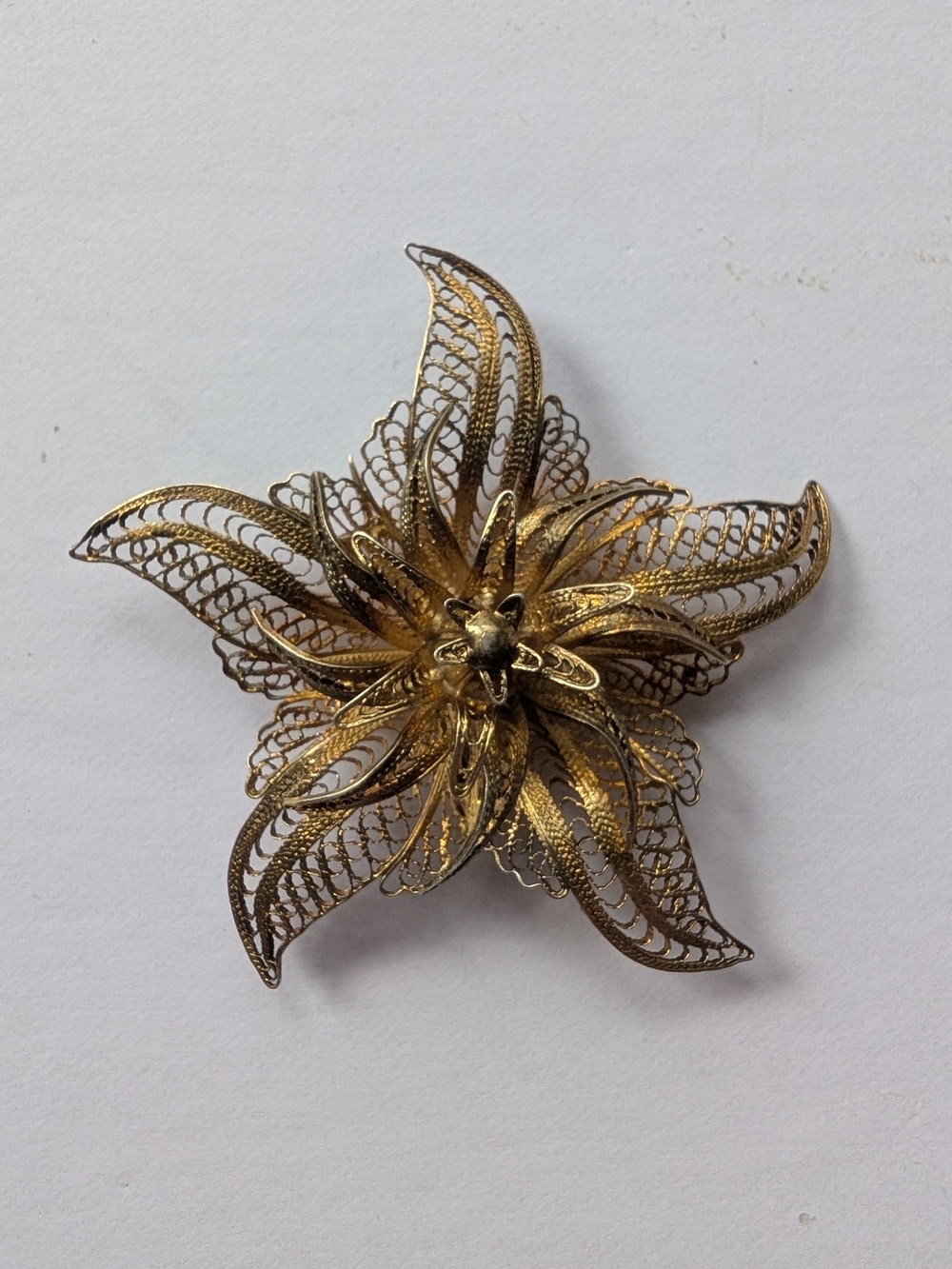 Vintage Gold Tone Gilt Filigree Flower Brooch 3D Layered Petal Statement Pin